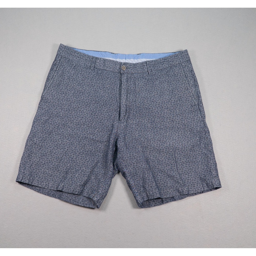 Peter Millar Crown Men 36 Blue Paisley Linen Cotton Blend Flat Front Shorts 9in
